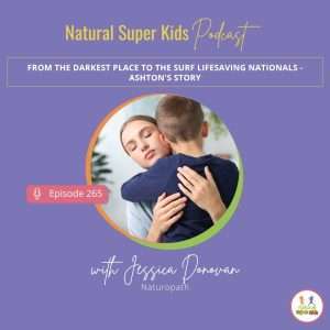 Mother hugging young boy during emotional support moment for podcast episode about childhood mental health recovery, developmental challenges, and Ashton’s journey to surf lifesaving success.